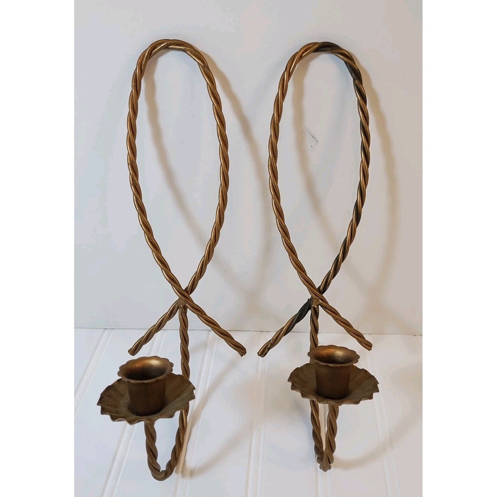 Pair Vtg Homco Braided Candle Holders Twisted Wire Rope Metal Wall Sconces 2